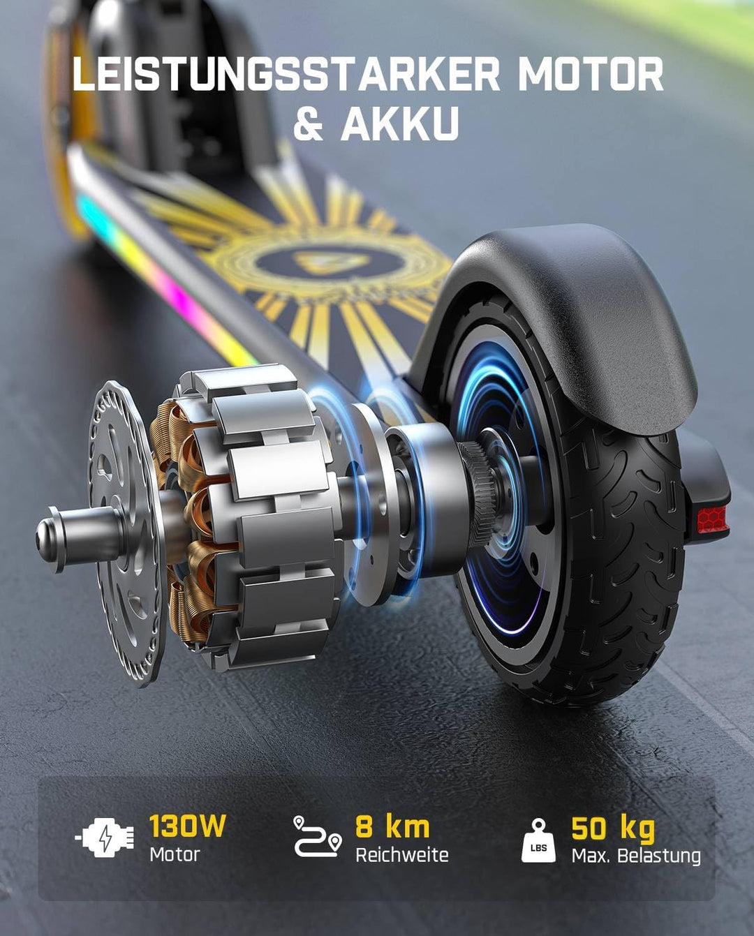 FanttikRide C9 Apex Elektroroller für Kinder 8-12 Jahren, Bluetooth-Musik, Bunte Regenbogenlichter,