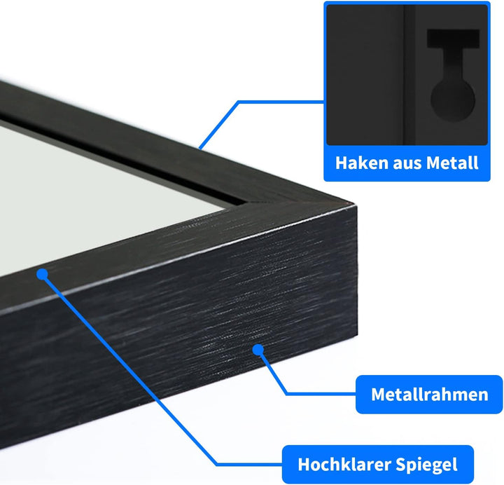 Wandspiegel, Schwarz 50x70 cm Spiegel Rechteckiger gross Edelstahl Kosmetikspiegel und Splitterschut