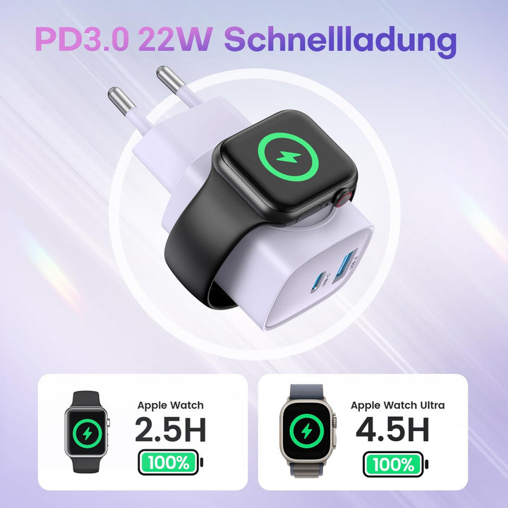 Apple Watch Ladegerät, 3-in-1 20W USB C Ladegerät mit Kabel 1M, PD 3.0 Schnellladegerät für Apple Wa