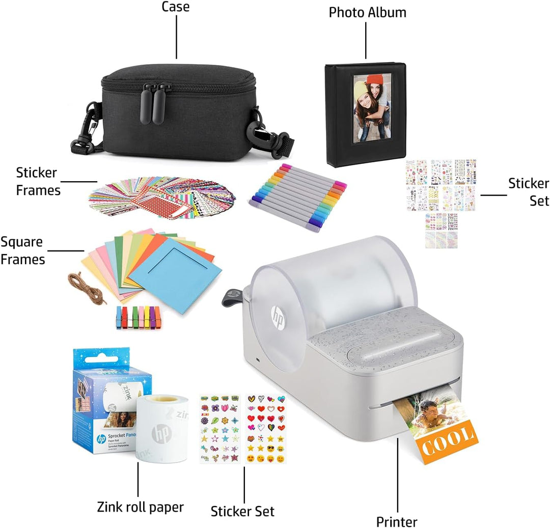 HP Sprocket Panorama Tragbarer Sofort-Farbetiketten- und Fotodrucker (Grau), Geschenkpaket mit Etui,