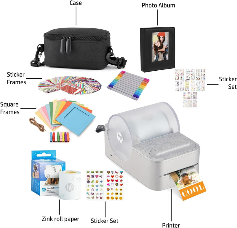 HP Sprocket Panorama Tragbarer Sofort-Farbetiketten- und Fotodrucker (Grau), Geschenkpaket mit Etui,