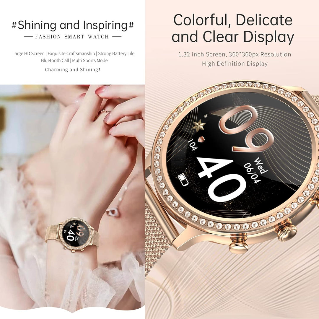 Smartwatch Damen mit Telefonfunktion, 1,32 Fitnessuhr Diamond Damen, Fitness Tracker Uhr mit Menstru