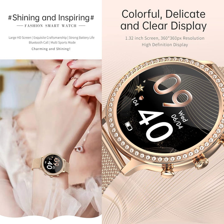 Smartwatch Damen mit Telefonfunktion, 1,32 Fitnessuhr Diamond Damen, Fitness Tracker Uhr mit Menstru