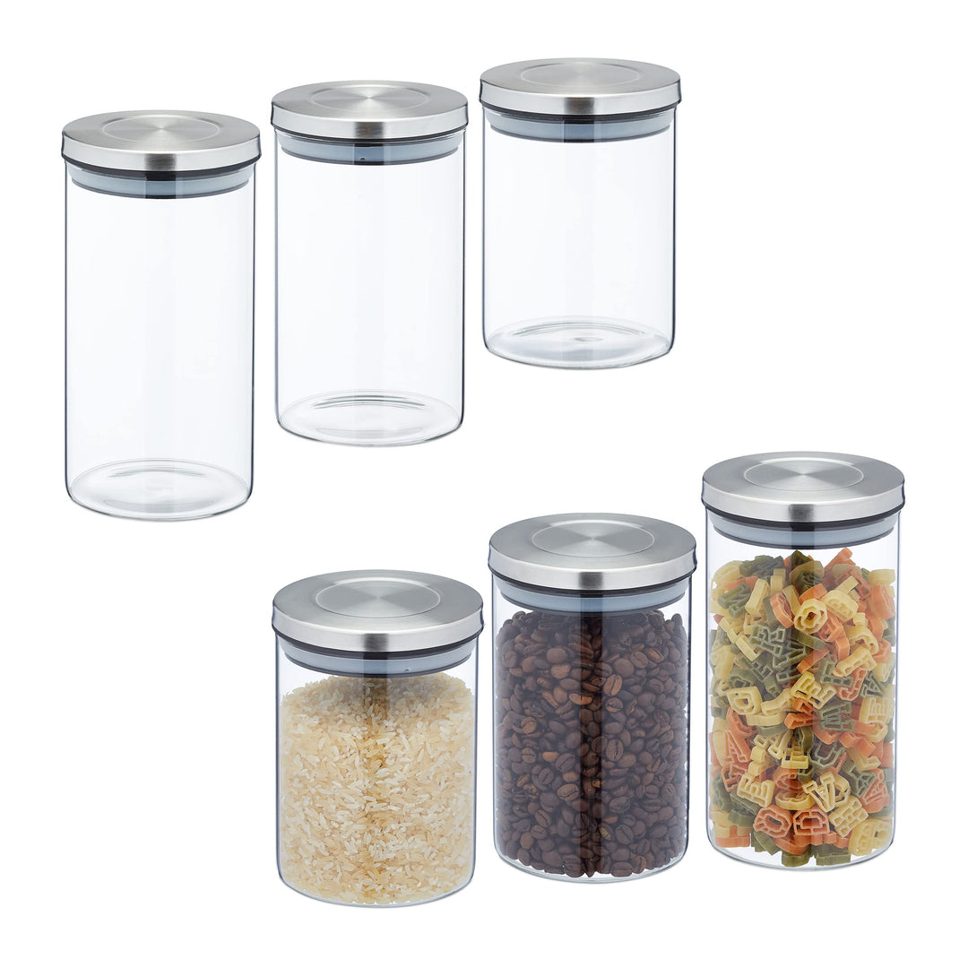 Relaxdays Vorratsgläser mit Edelstahldeckel, 6er Set, Vorratsdosen aus Glas, 3 Grössen, luftdicht, t