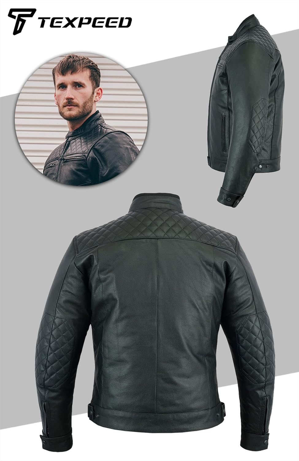 Texpeed Motorrad lederjacke herren mit protektoren - Leder mit Rautensteppung - Motorrad Mit Origina