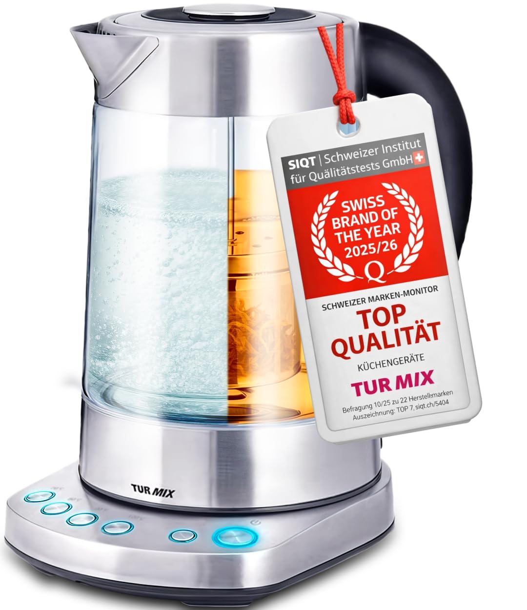 TURMIX 2in1 Teekocher elektrisch mit Wasserkocher Glas 2200W 1,5L Silber, Temperatureinstellung 70–1