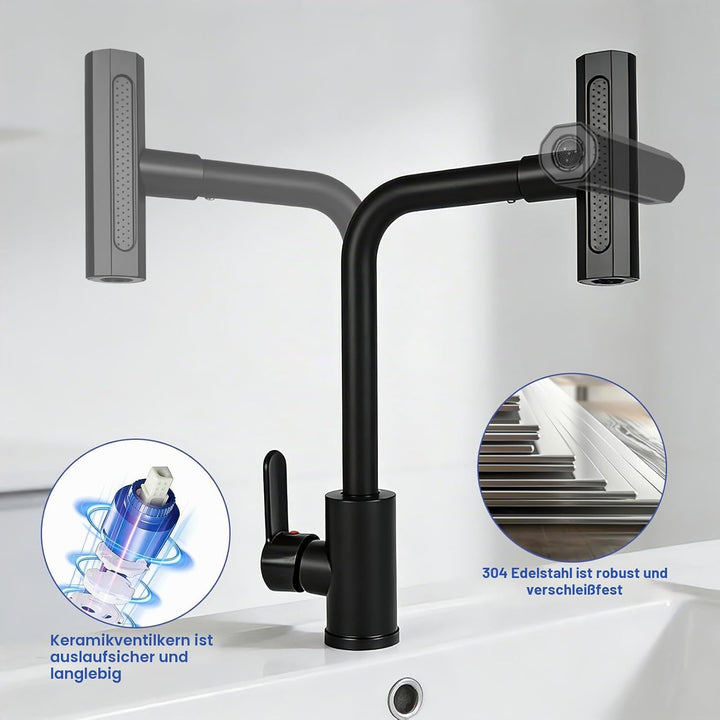 Waterfall Wasserhahn Küche mit 4 Strahlarten, 360° Drehbar Mischbatterie Spültischarmatur Einhebelmi