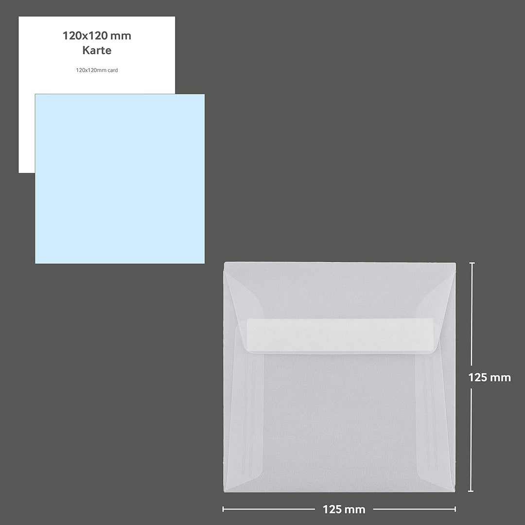 100 Stück, Transparente Briefumschläge, 125 x 125 mm, Haftklebung mit Abziehstreifen, Gerade Klappe,