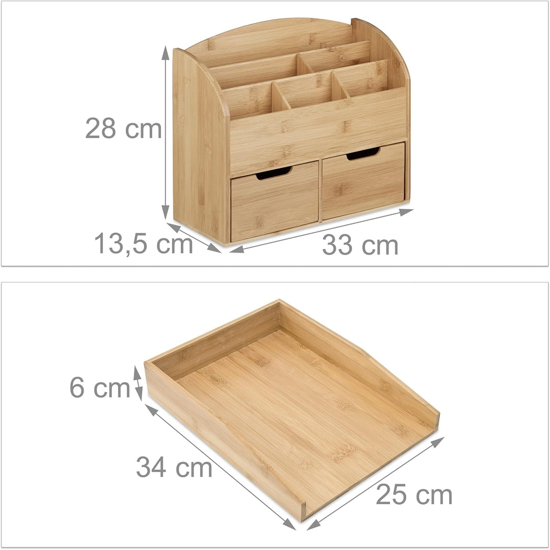 Relaxdays 3 TLG. Schreibtisch-Organizer Set Bambus, Karteikasten zum Ausziehen, Stehsammler mit 2 Sc