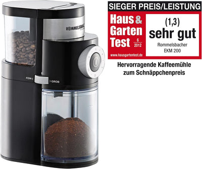 ROMMELSBACHER Kaffeemühle EKM 200 – aromaschonendes Scheibenmahlwerk, Mahlgrad einstellbar von grob