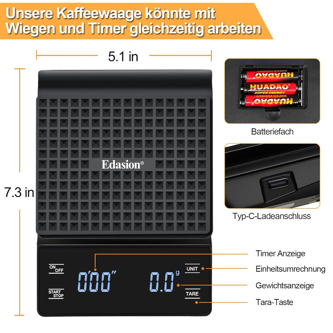 Kaffeewaage mit Timer Espresso Waage 0,1g/3kg Hohe Präzision Digitale Kaffee Waage Küchenwaage Wasse