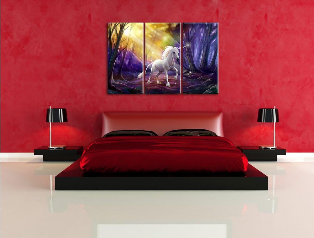 Pixxprint Einhorn im Märchenwald als Leinwandbild | Grösse: 3 Teilig (120x80) | Wandbild| Kunstdruck