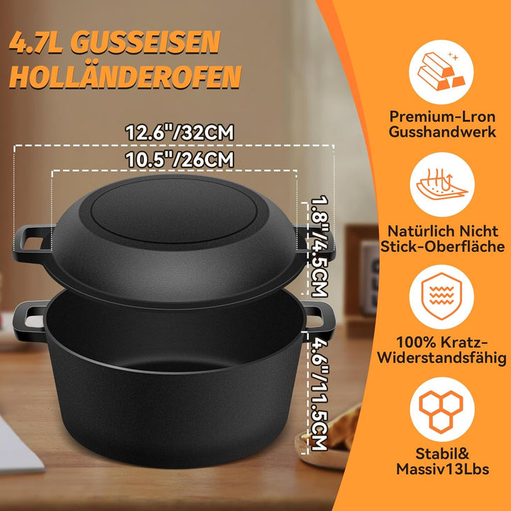 NZQXJXZ Gusseisen Topf Dutch Oven für Brotbacken, 26cm Brotbackform Auflaufform mit Deckel zum Backe