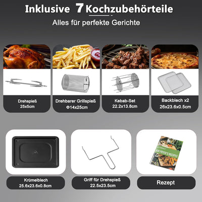 LLIVEKIT Heissluftfritteuse Heissluft-Backofen 12L, Mini-Backofen 1800W mit 6 Zubehör & Rezeptbuch,