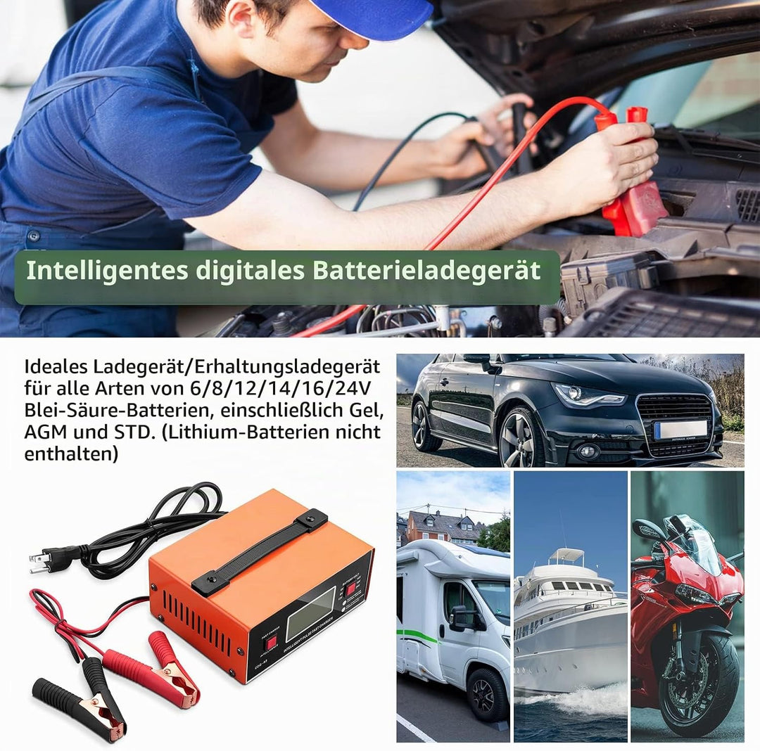 EYPINS Auto Batterie Ladegerät, 6V/8V/12V/16V/24V Smart vollautomatisches Universal KFZ-Ladegerät mi
