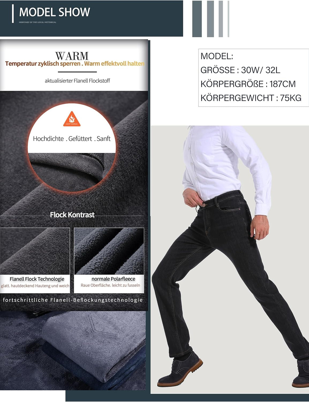 ziilay Thermojeans Herren Thermohose Schneehose gefütterte Winterhose Winterjeans mit Fleece gefütte