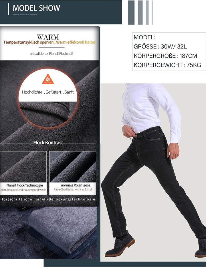 ziilay Thermojeans Herren Thermohose Schneehose gefütterte Winterhose Winterjeans mit Fleece gefütte