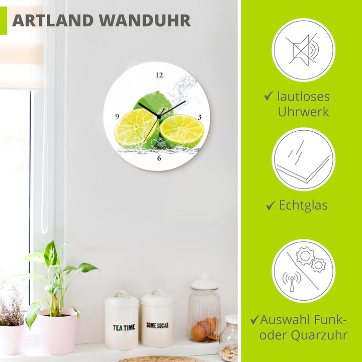 ARTLAND Wanduhr ohne Tickgeräusche Glas Quarzuhr Ø 30 cm Rund Lautlos Obst Früchte Limette im Wasser