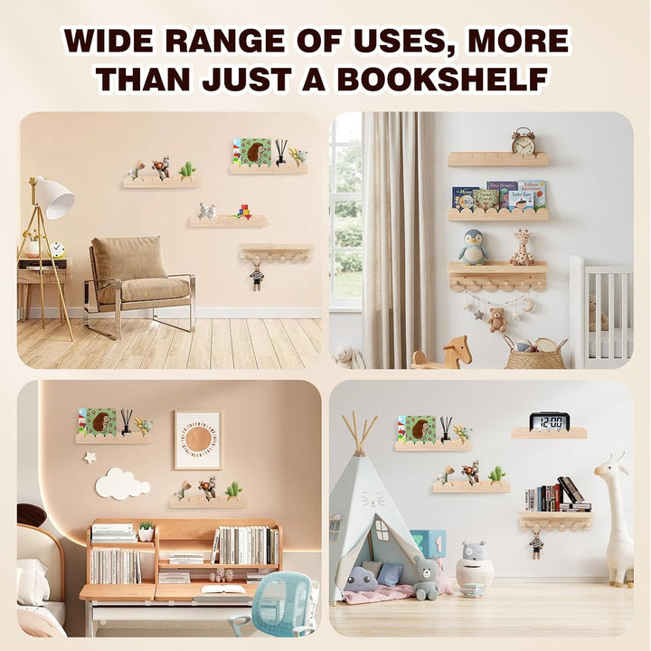 4er Set Wandregal Kinderzimmer - Naturholz Wolke Design+ Garderobe, Bücherregal Wand aus Massivholz,