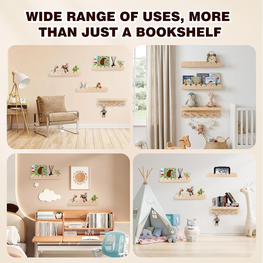 Wandregal Kinderzimmer 4er-Set aus Massivholz - Bücherregal mit 6 Haken für Bücher &amp; Spielzeug - Mon