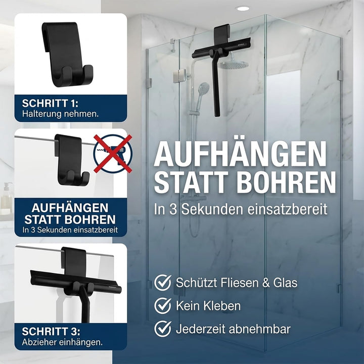 WISCHMA [Das Original] Duschabzieher schwarz Silikon − Abzieher Dusche mit Halterung ohne Bohren − G