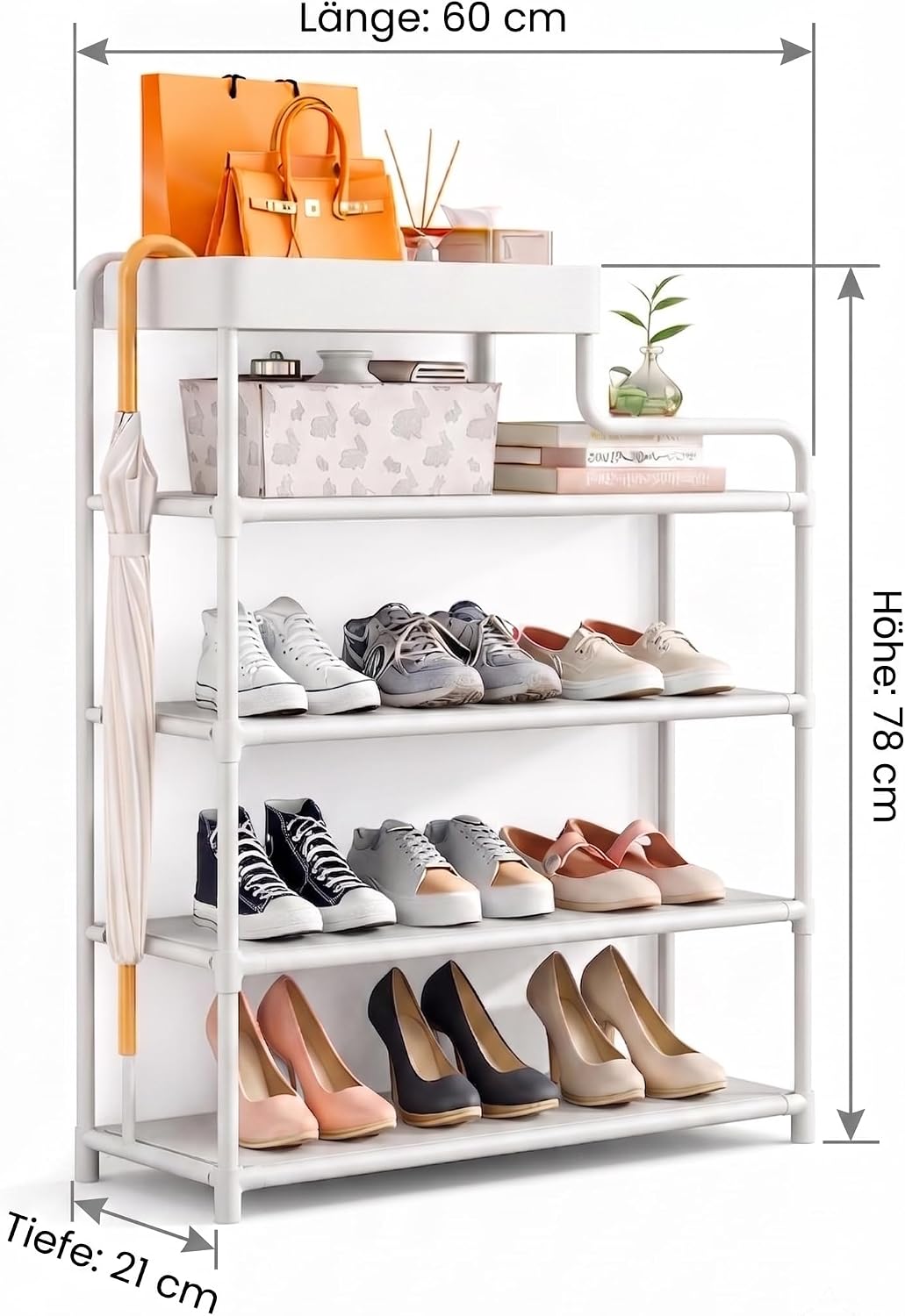 ELNO Schmales Schuhregal 21cm Tief – Platzsparender Schuhständer mit 5 Ebenen für bis zu 7 Paar leic