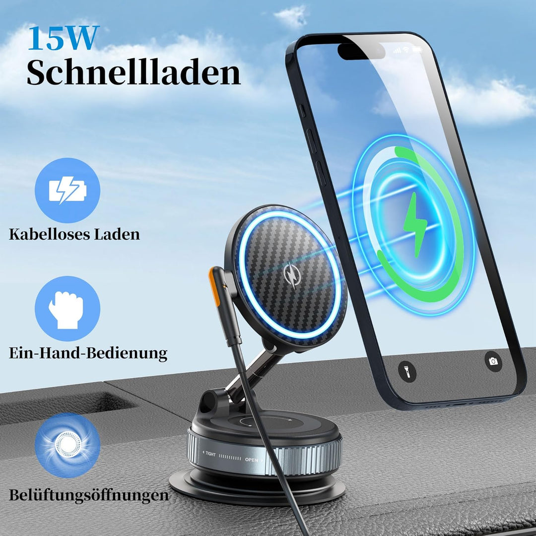 PlusAcc Vakuum Handyhalterung Auto mit Ladefunktion - Saugnapf 360° Drehbar Klappbar Magnetisch Hand