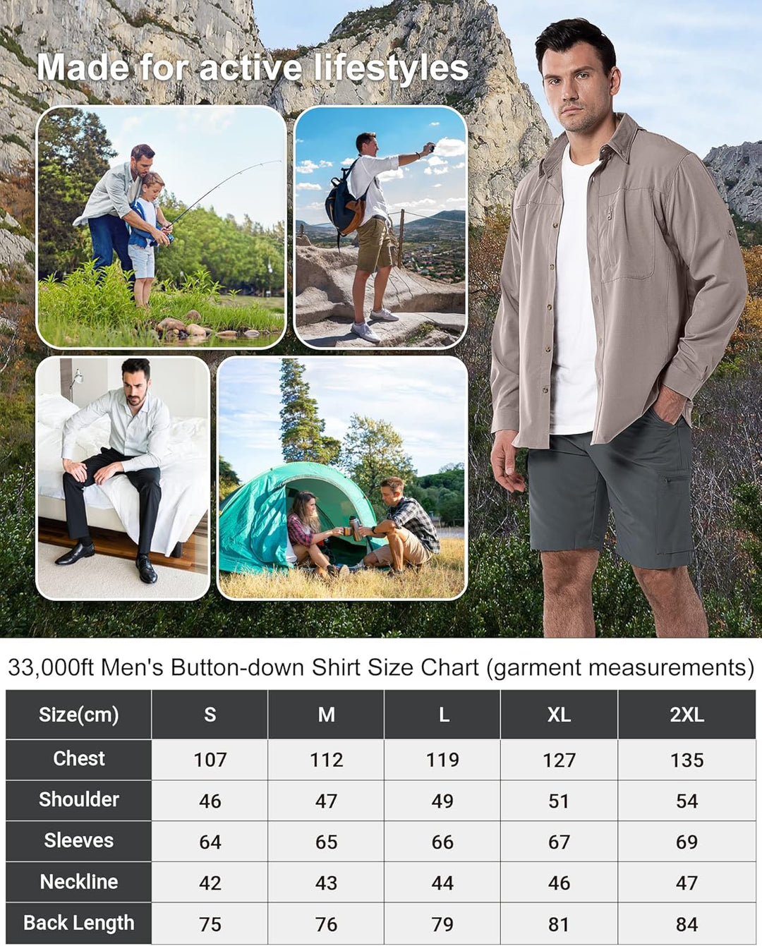 33,000ft Safari Hemd Herren Langarm Sportshemd UPF50+ UV Schutz Funktionshemd Atmungsaktiv Button-Do