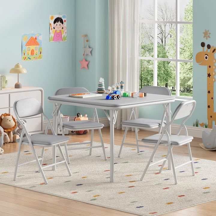 Kinder-Klapptisch-Set mit 4 weich gepolsterten Stühlen, Metallgestell, ideal für Studium, Aktivität,