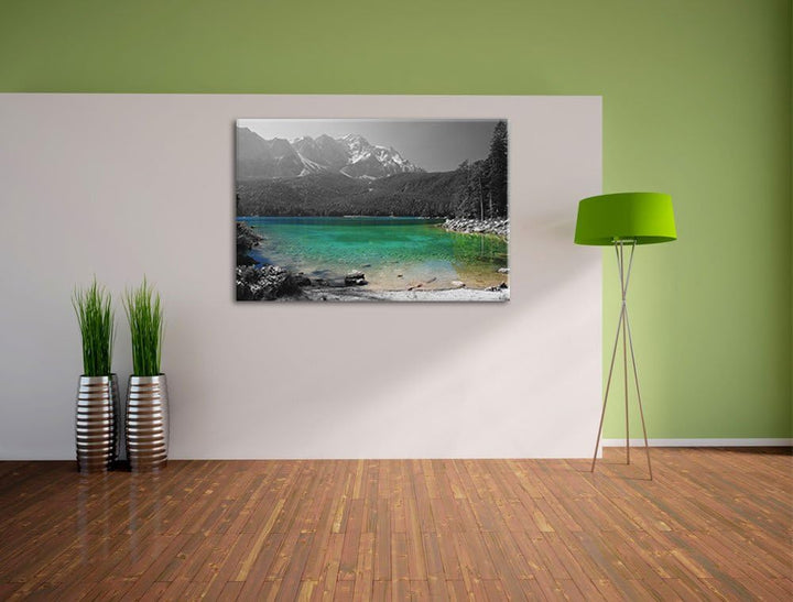 Eibsee vor der Zugspitze schwarz/weiss Format: 100x70 auf Leinwand, XXL riesige Bilder fertig gerahm