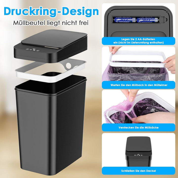 Dreamhigh® 2er Set Mülleimer mit Sensor, 12L Elektrischer Mülleimer mit Automatischem Deckel, Smart