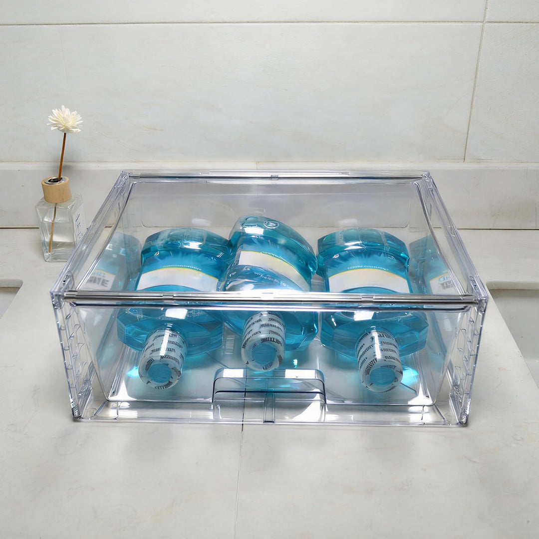 3er Set Breite Stapelbare Aufbewahrungsschubladen für Bad und Küche, Hochfeste Klare Acryl Organizer