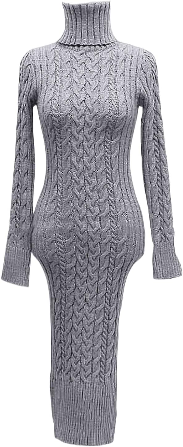 Generisch 2025- für Damen gestrickte figurbetonte Midi-Pullover-Kleider Cardigan Mit Damen (Grey S)