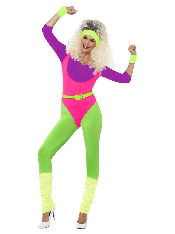 80er Jahre Neon Gymnastik-Jumpsuit Damen Aerobic-Anzug Kostüm Trash Bad Taste Sport Work Out, Grösse