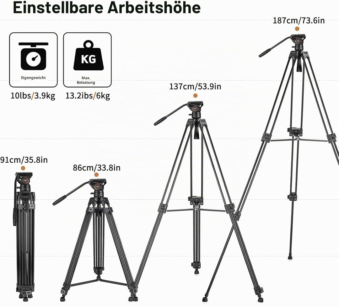 Cayer BF30L Video-Stativ mit Fluid-Kopf, 73" Heavy Duty Stativ mit 360 Grad Fluid-Kopf und Schnellwe