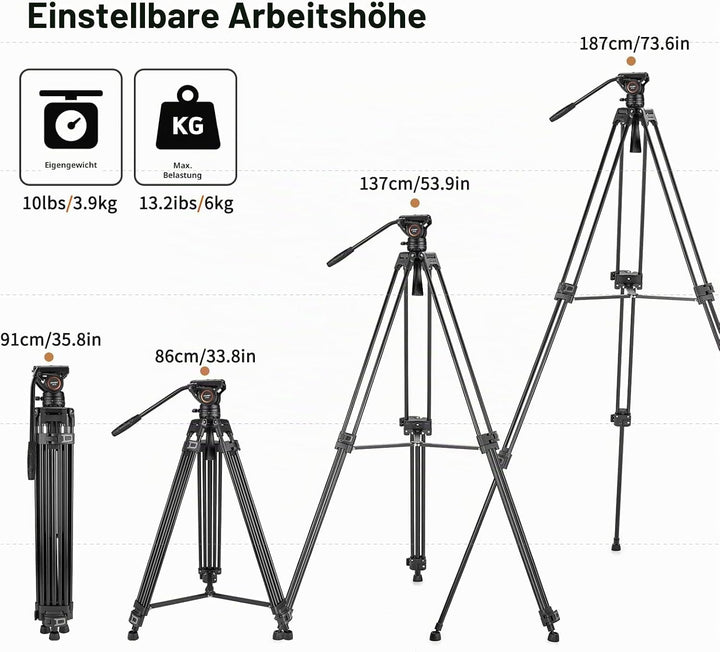 Cayer BF30L Video-Stativ mit Fluid-Kopf, 73" Heavy Duty Stativ mit 360 Grad Fluid-Kopf und Schnellwe