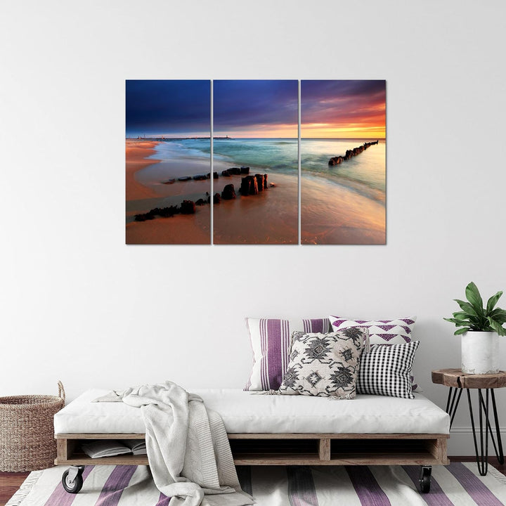 Runa Art Wandbilder Strand Meer Bild XXL Schlafzimmer Wohnzimmer Blau Rosa Welle 120 x 80 cm 3 Teili