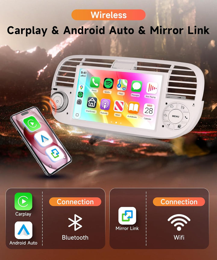 Rimoody 4G+128G Android Autoradio für FIAT 500 2007-2015 Wireless Carplay Android Auto 7 Zoll Touchs