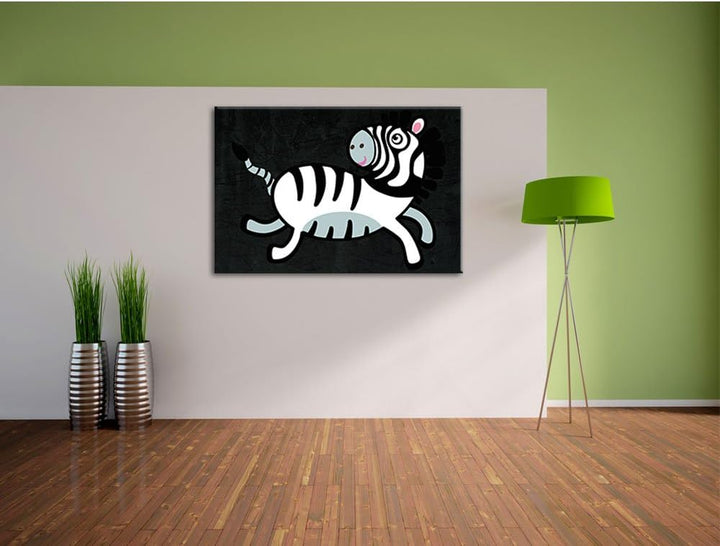 Niedliches Zebra schwarz, Format: 100x70 auf Leinwand, XXL riesige Bilder fertig gerahmt mit Keilrah