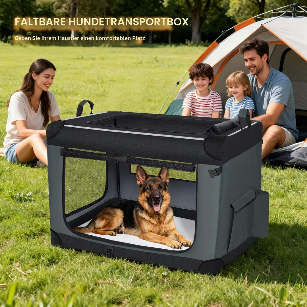 Hundebox Faltbar, 3-Türiger Transportbox Hund, Tragbare Hundetasche mit Reflektierenden Streifen und