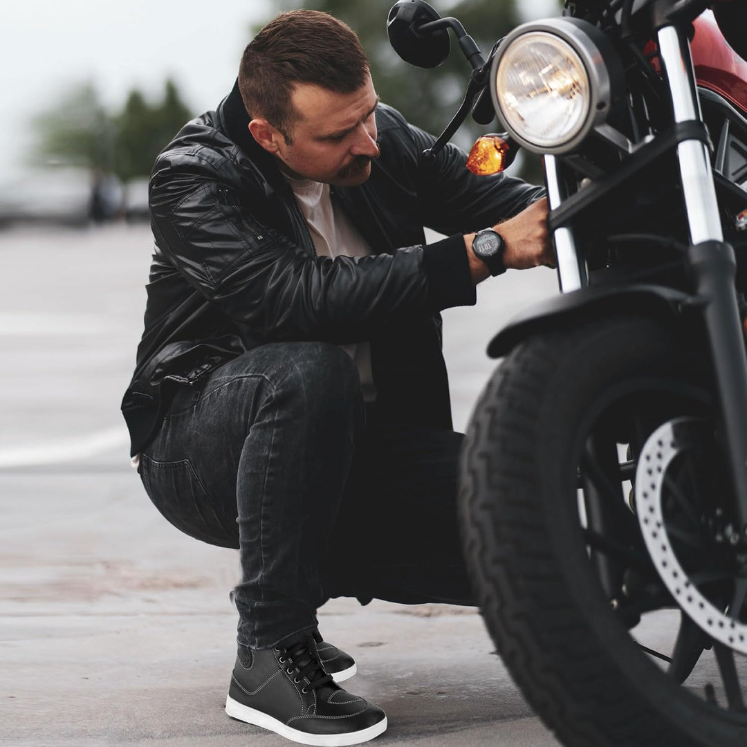 Motorradschuhe für Herren, kurz, wasserdicht, Leder, rutschfeste Sohle, Schwarz