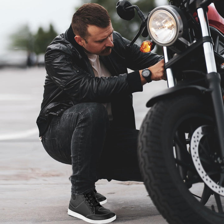 Motorradschuhe für Herren, kurz, wasserdicht, Leder, rutschfeste Sohle, Schwarz