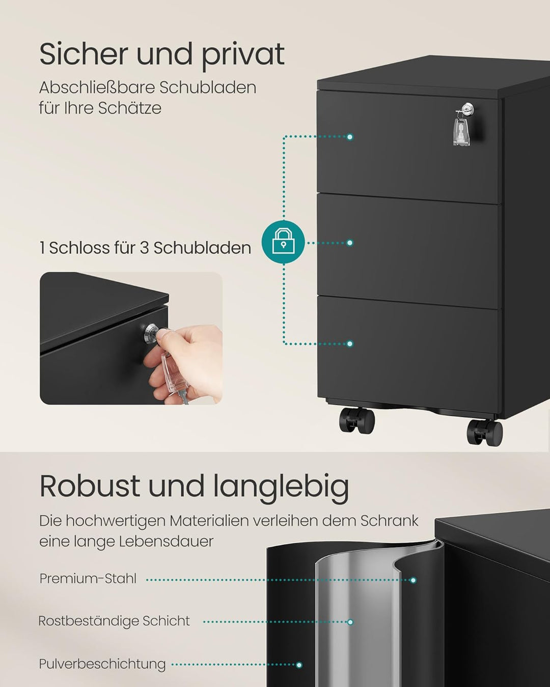 SONGMICS Schubladenschrank, Rollcontainer, mobiler Aktenschrank, Metallschrank, Druckertisch, abschl