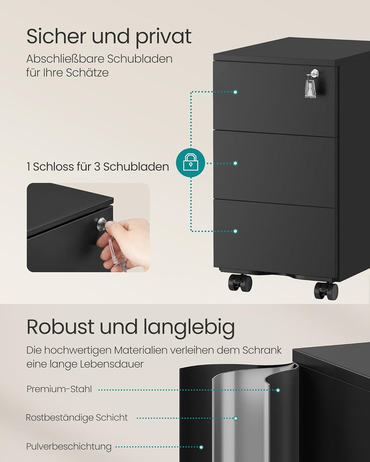 SONGMICS Schubladenschrank, Rollcontainer, mobiler Aktenschrank, Metallschrank, Druckertisch, abschl