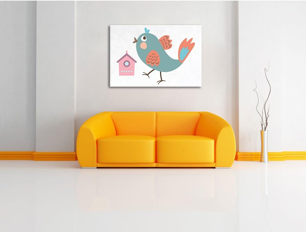 Pixxprint Niedlicher Vogel mit Vogelhäuschen / 100x70cm Leinwandbild bespannt auf Holzrahmen/Wandbil