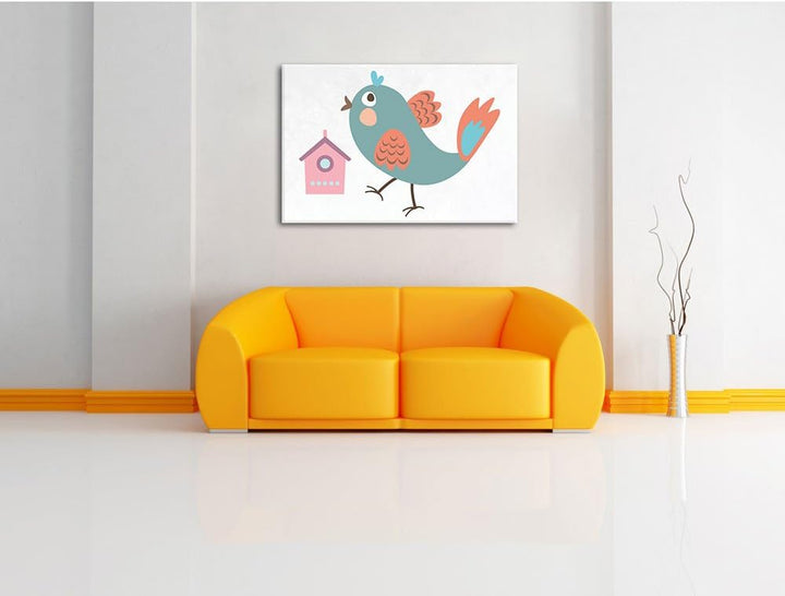 Pixxprint Niedlicher Vogel mit Vogelhäuschen / 100x70cm Leinwandbild bespannt auf Holzrahmen/Wandbil