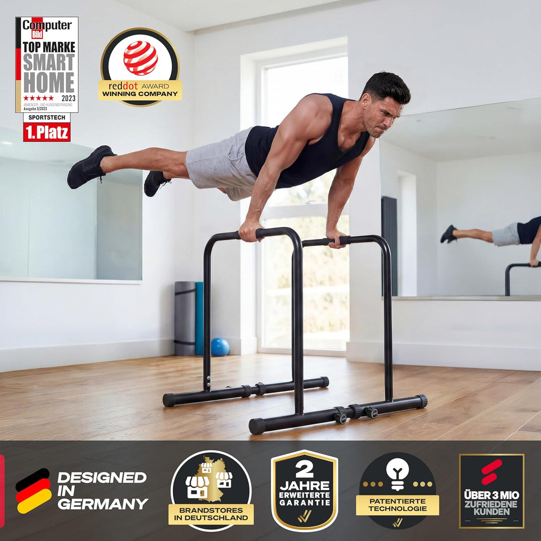 Sportstech, Dip Station Barren höhenverstellbar + App-Coaching PT500 | Dip Stange, Parallettes & Cal