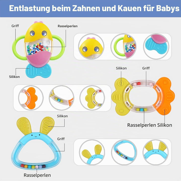 MOONTOY Baby Rassel BeissRing Set Baby Spielzeug ab 0 1 2 3 4 5 6 7 8 9 10 11 12 Monate, 9PCS Shaker