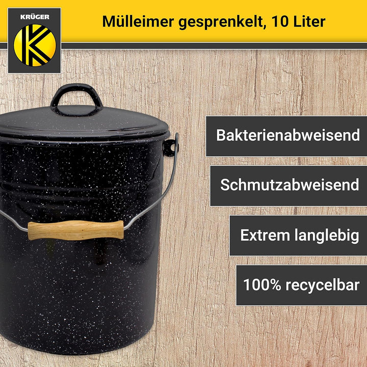 KRÜGER Mülleimer mit Deckel - Stahl Abfalleimer mit Emaille-Beschichtung und Holzgriff - schnitt- un