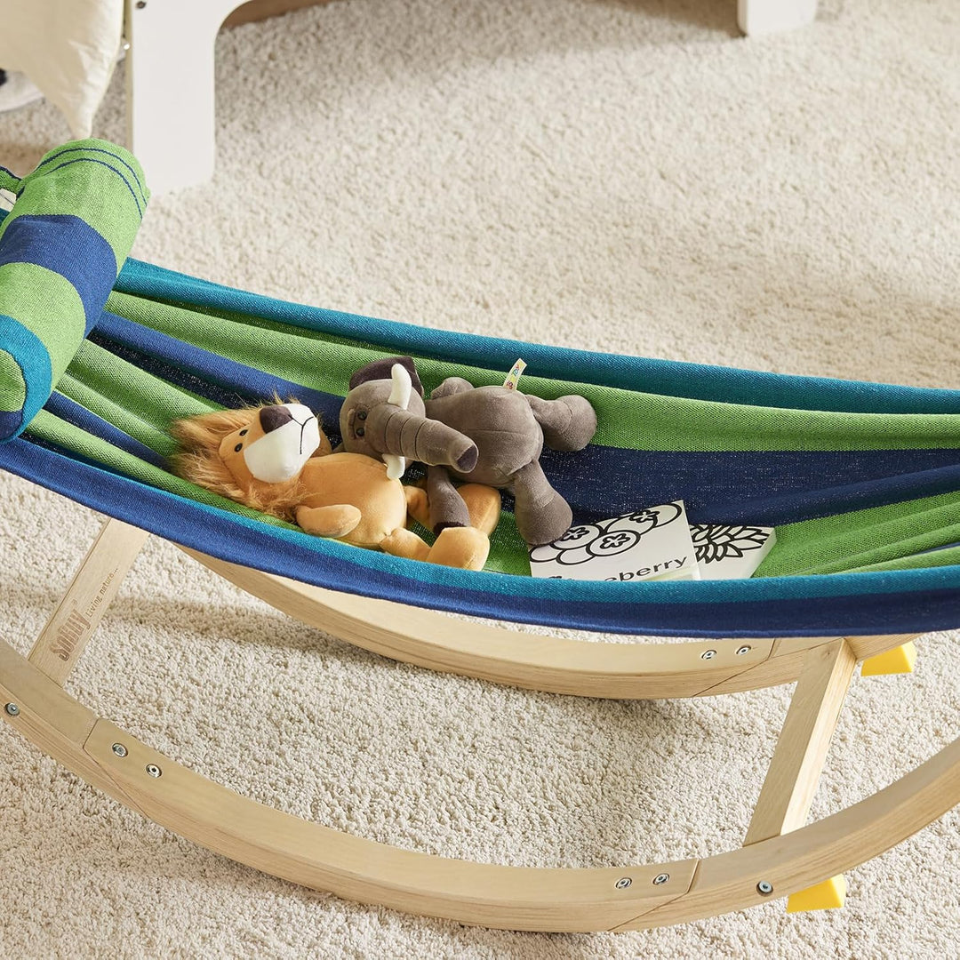 SoBuy Hängematte Kinder mit Sicherheitsstopper, Kinderliege, Schaukelliege aus Holz mit Kopfkissen,